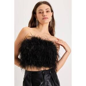 Lulus Vip Attitude Black Feather Strapless Crop Top - Size M